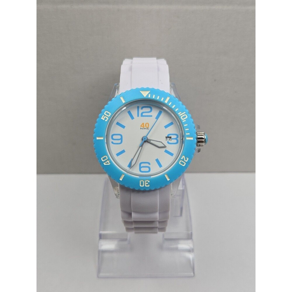 40Nine Sports Watch Sky Blue Bezel White Silicone Date Quartz 5ATM New Battery